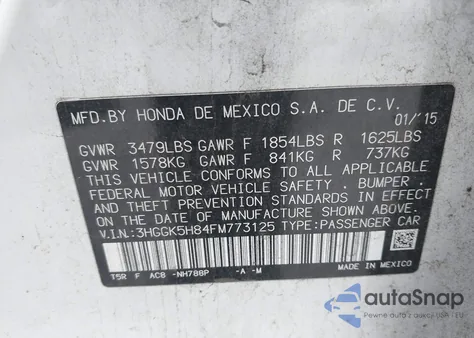 2015 Honda Fit Ex/Ex-L из США, поврежденный, VIN 3HGGK5H84FM773125